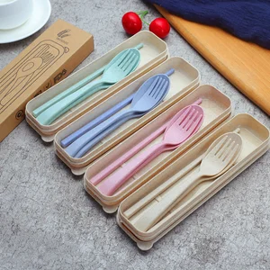 Image of Wheat Straw Plastic Spoon Fork Chopsticks Set Reusable Camping Biodegradable Cutlery Sets