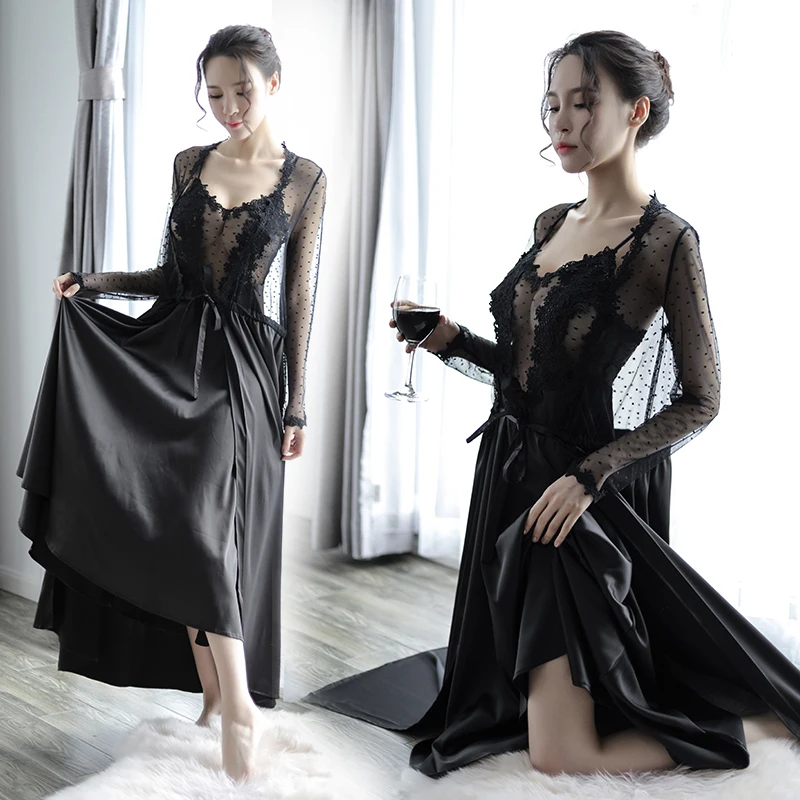 

High-grade only beautiful home takes suit long paragraph gown + nightdress to cover sexy satin appeal underwear