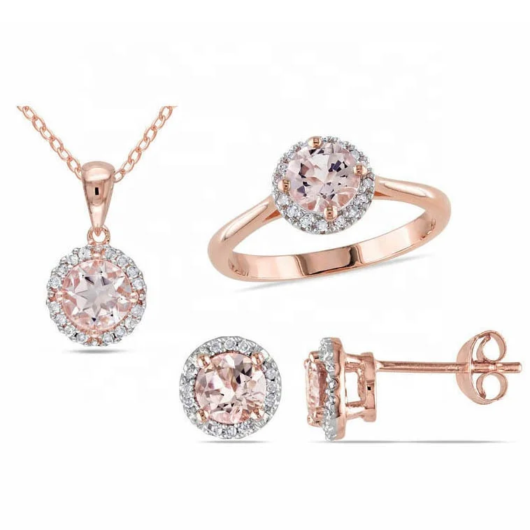 

Cubic Zircon Halo And Round Shape Morganite 925 Sterling Silver Wedding Jewelry Set