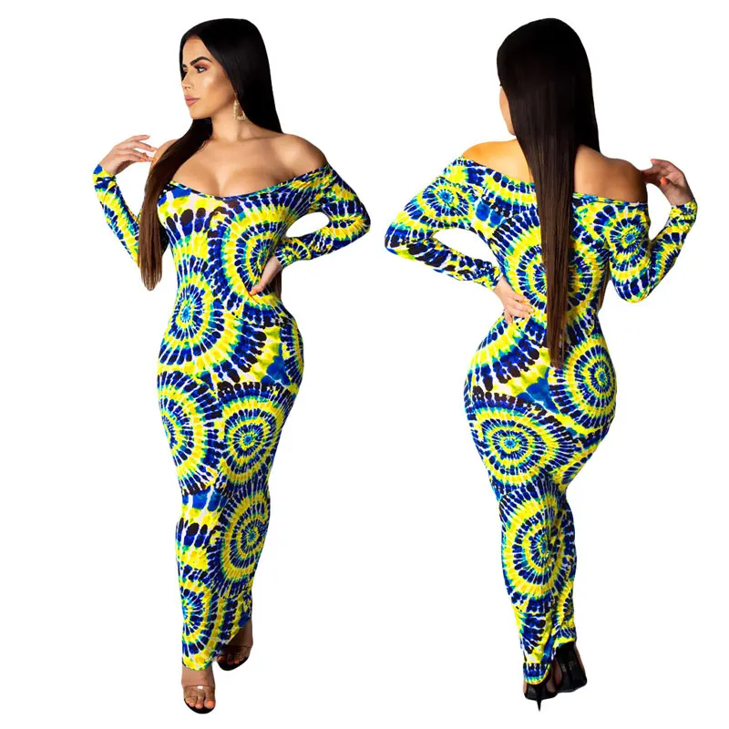 

90327-MX2 Fashion Printed Bodycon Women Long Dresses Sexy Off Shoulder