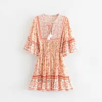 

Pink cherry blossom printed flare sleeve short mini bohemian dresses summer fashion clothing