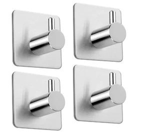Image of Adhesive Hooks Wall Hooks Hangers Bathroom Office Stick on Hooks for Hanging Bathroom Home Kitchen Stainless Steel-4 Packs