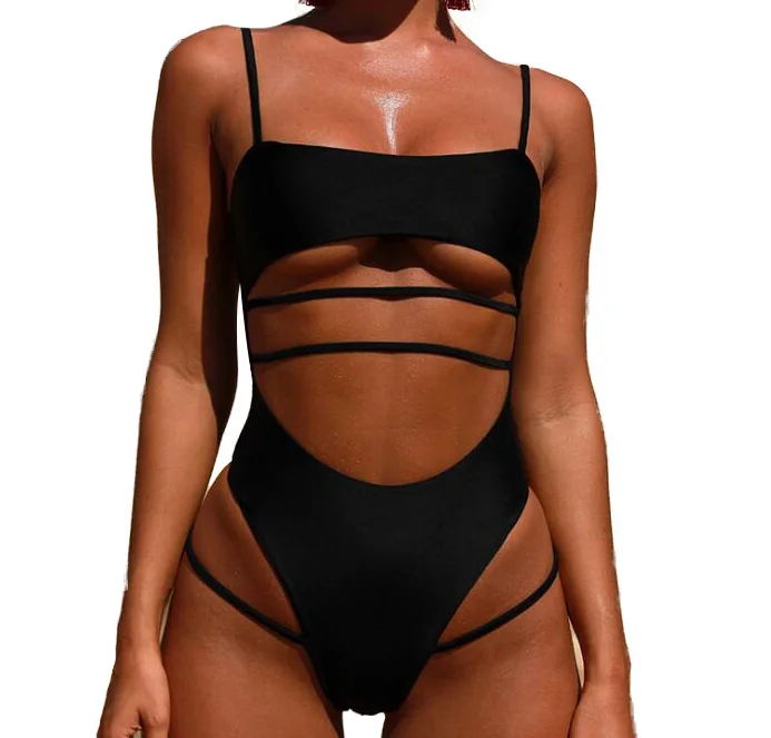 

OEM Swimwear Bikini Set Bandage One Piece Thong Bathing Suit, Black