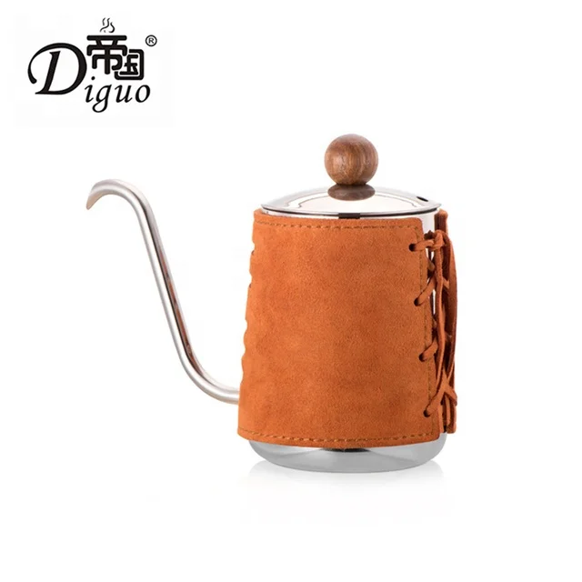 

Amazon Hot Selling 350ml 12Oz Stainless Steel Orange Leather Wrapped Pour Over Gooseneck Kettle For Coffee Tea