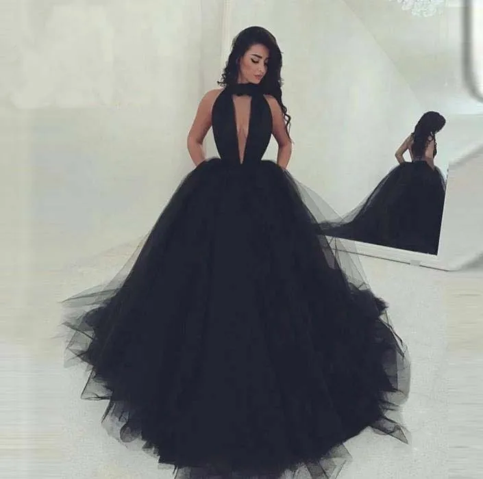 

Sexy Women Black Ball Gown Halter Custom Made Turkey Evening Dresses