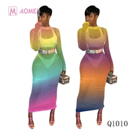 

Q1010 Sexy mesh gradient color printed long sleeve club dress women clothing
