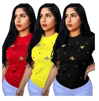 

2019 Summer new beaded butterfly embellished O neck short-sleeved T-shirt