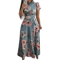 

Women Long Maxi Dress 2019 Summer Floral Print Boho Style Beach Dress Casual Short Sleeve Bandage Party Dress Vestidos Plus Size