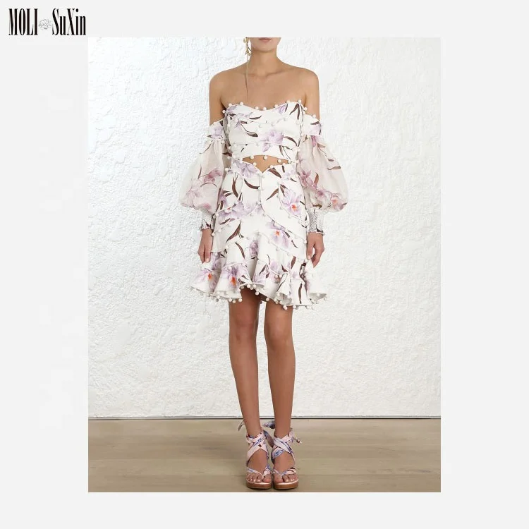 

MOLI Floral Print Off Shoulder Dress Front and back Cutouts Lantern Sleeve Mini Flare Sexy Hollow Out Tiered Dress, Shown