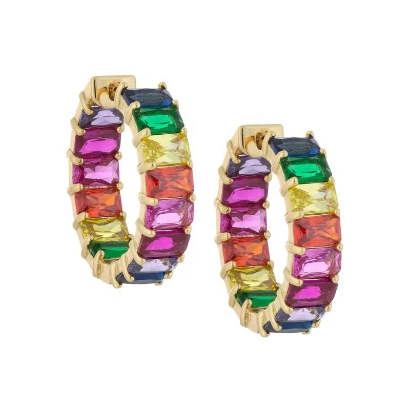 

Luxury Jewel 925 Sterling Silver Rainbow Baguette Large Hoop Earring Jewelry
