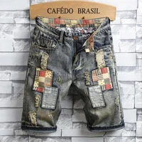 

C4773 Trend personality high street features denim shorts men's broken hole patch jeans