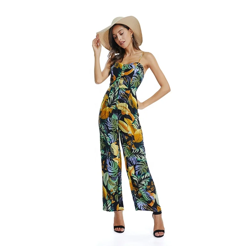 

Summer fashion beach trousers button women clothes casual long floral print ladies jumpsuit, Colorful