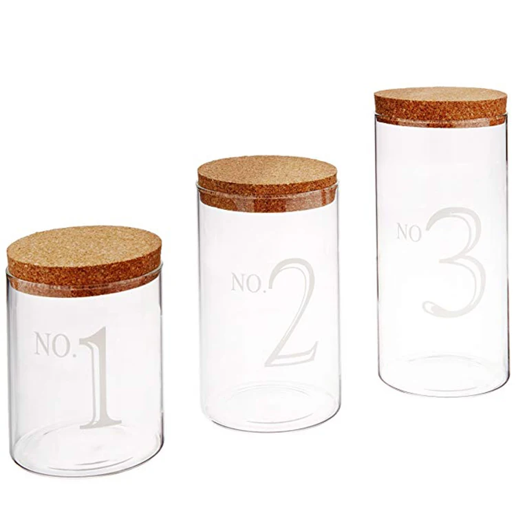 

Set Of 3 Round High Borosilicate Home Good Hand Blown Glass Jar with Cork Lid, High transparency