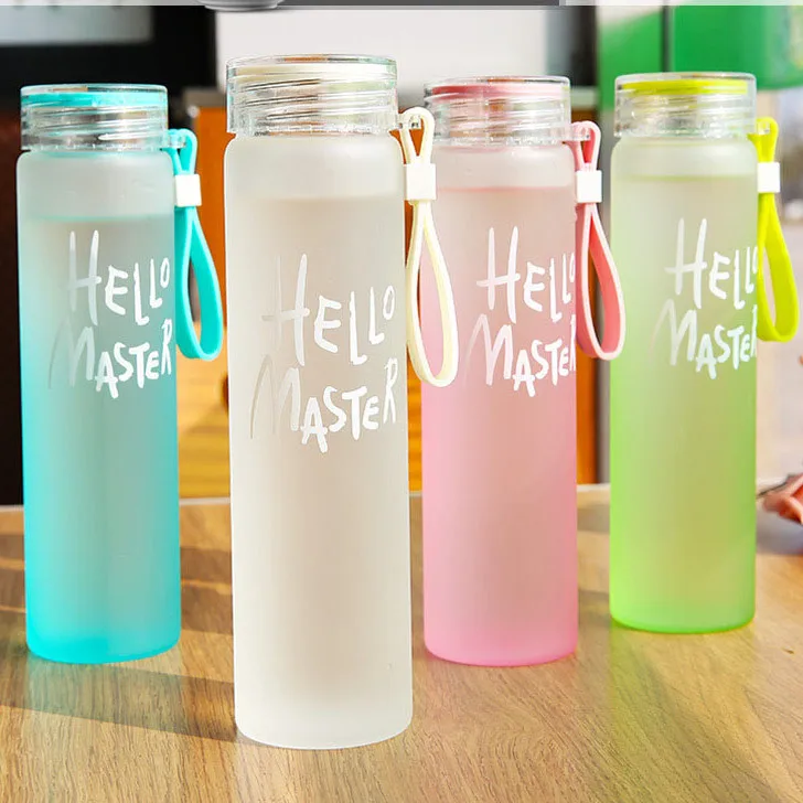 420ml cylinder frosted portable wide mouth colorful reusable glass drinking water bottle with plastic cap