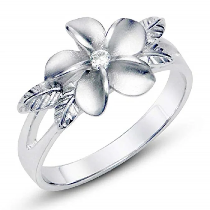 

925 Sterting Silver Plumeria Cubic Zirconia CZ with Maile Leaf Hawaiian Flower Band Ring