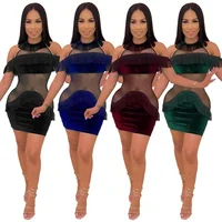 

European style sexy Perspective tassel mini bodycon women mesh velvet halter club dresses