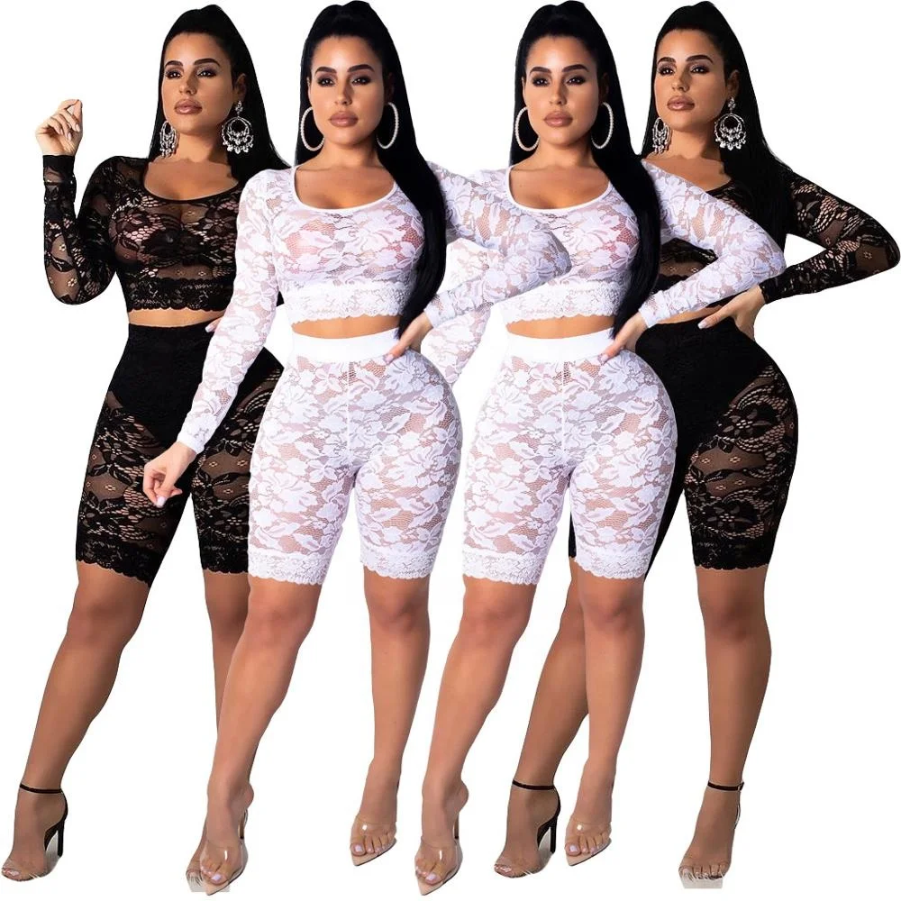 

B33414A 2019 Summer fashion casual 2 pcs sheer lace clubwear pants set, Shown