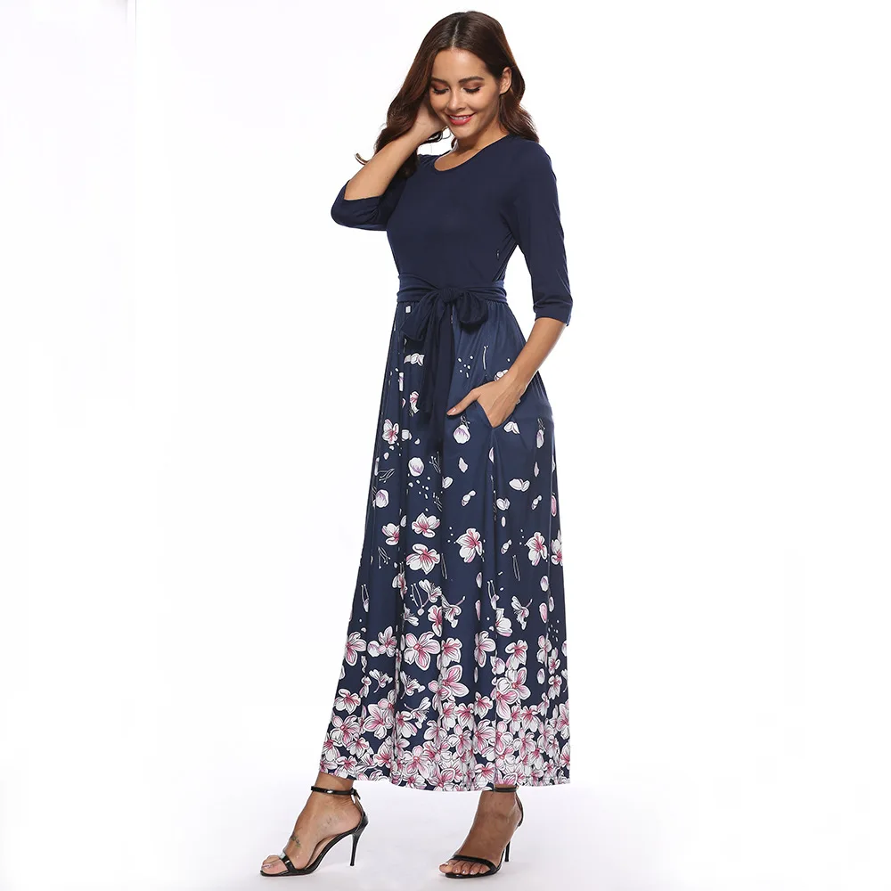 

Amazon Source Supply Hot Selling Women O-neck Three Quarter Sleeve Evening Dress Print Long Dress
