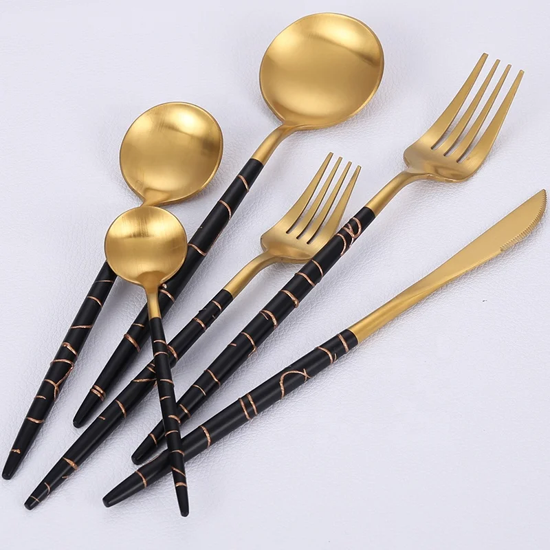 

24pcs Unique Luxury Silver Plated Cutlery Set Stainless Steel Black and Gold Thin Handle Knives Forks And Spoons