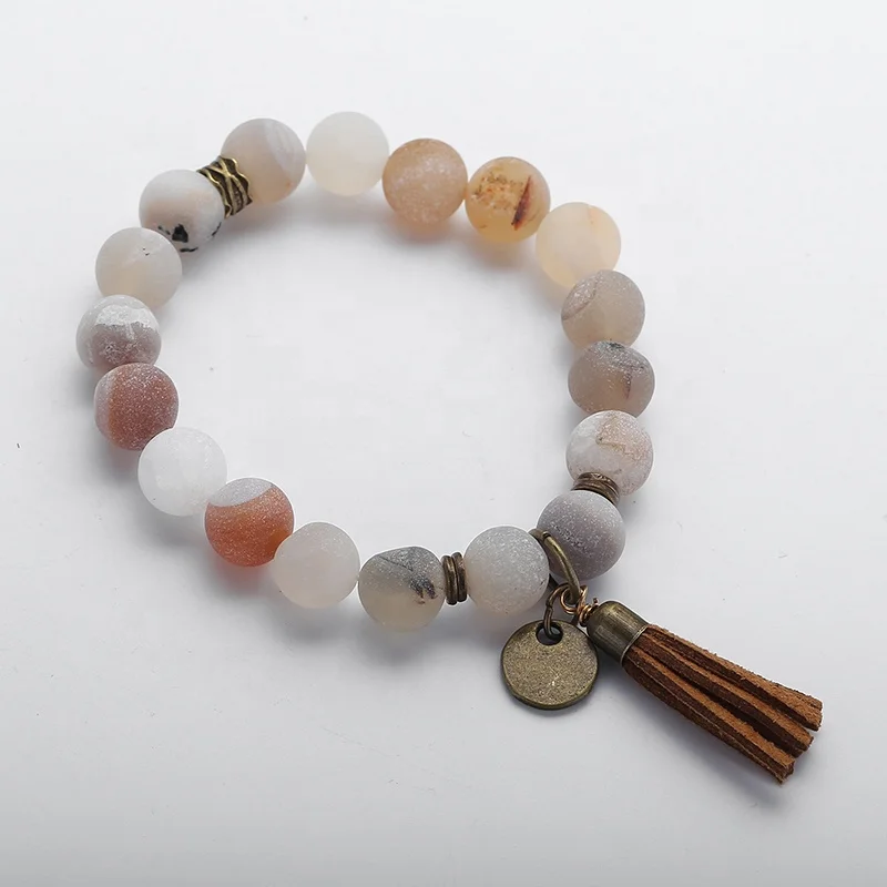 

Women Elastic Energy Bracelet 10mm Stretch Gemstone bracelet Natural open Druzy Stone Tassel Bracelet jewelry, Picture