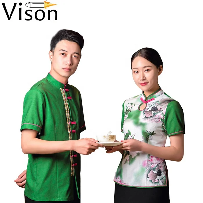 

Chinese painting style fast food restaurants uniform workwear, White