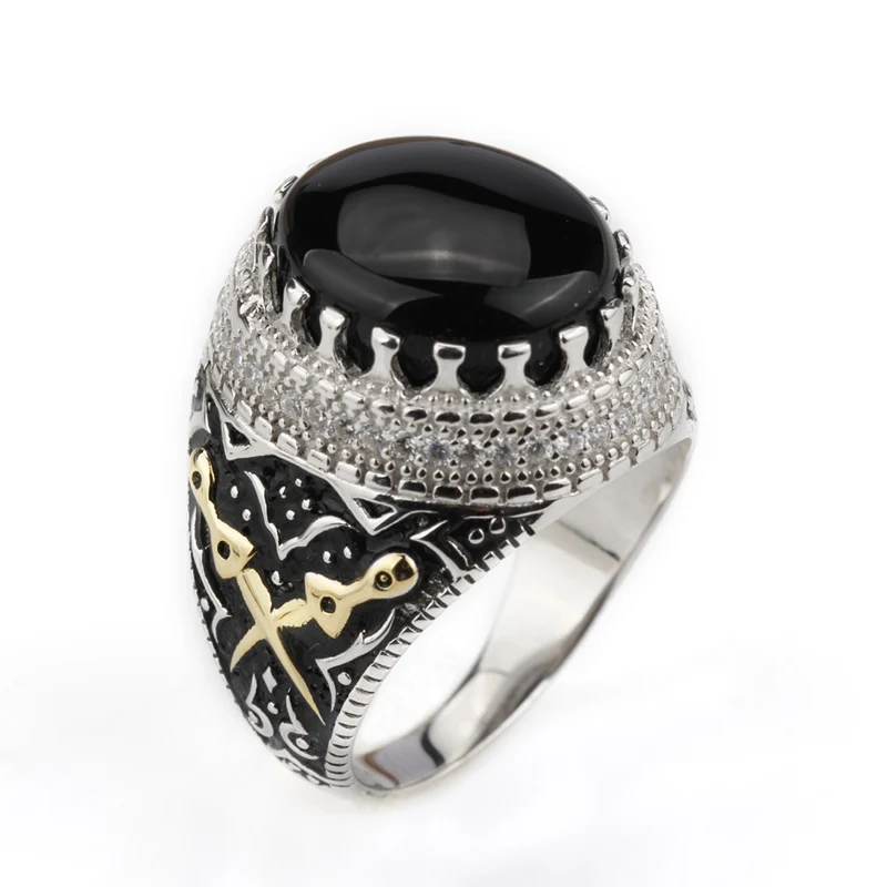 

Silver Man 925 Sterling Vintage Two Tone Plated Signet Big Natural Black Agate Stone Finger Engraved Style Arabic Ring, Silver color