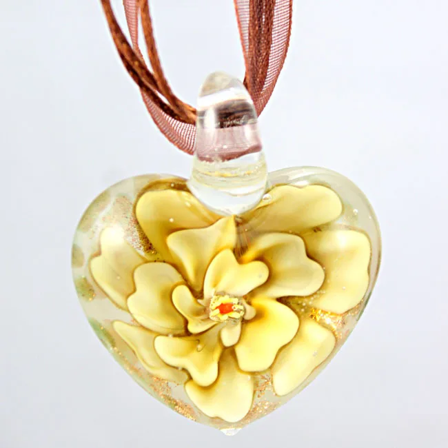 

Jewelry 2019 Women Wholesale Jewelry Necklace Flower Heart Shape Glazed Murano Lampwork Glass Pendant, White,pink,blue,orange,purple,yellow