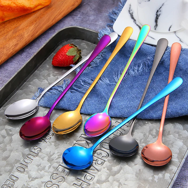 

hot selling 2019 Ellipse Style Stainless Steel Colorful long handle spoon Iced Tea Coffee Cocktail Stirring Mixing Spoon, Silver;gold;rosegold;purple;black;blue