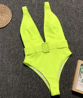 

One piece beachwear with waist belt women bathing suits neon green girl swimsuits