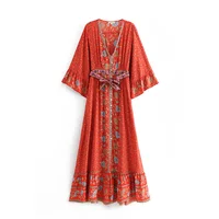 

Sexy v neck long sleeve button up flower printed summer bohemian long maxi dress with belt