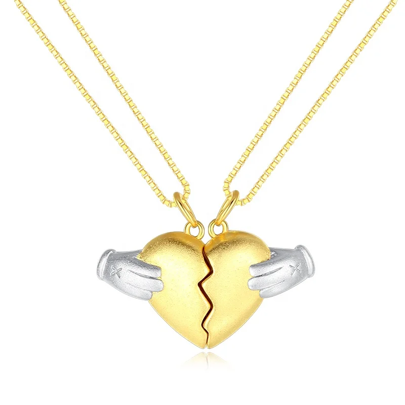 Yellow gold plated Valentine real 925 sterling silver broken heart magnet pendant necklace couple jewelry