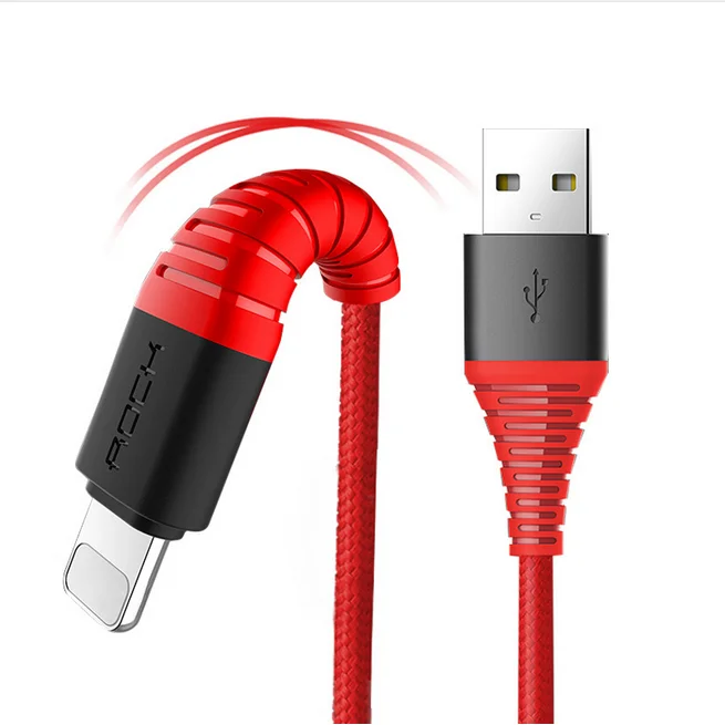 

Free Shipping ROCK wholesale Hi-Tensile 2.4A fast 1.2M braided wire sync charging data usb cable for Iphone X/XS, Black/red