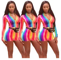 

9040726 Women fashion long sleeve rainbow striped romper