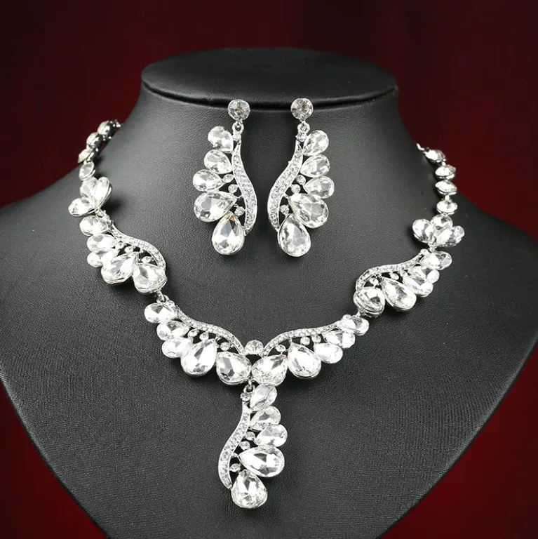 

Fashion Women Crystal Rhinestone Bridal Necklace Earring Jewellery Sets Wholesale, Rhodium color