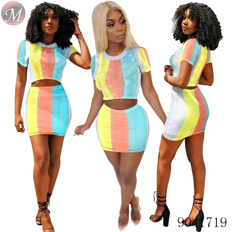 

9041719 Summer 2019 women mesh striped two piece skirt set