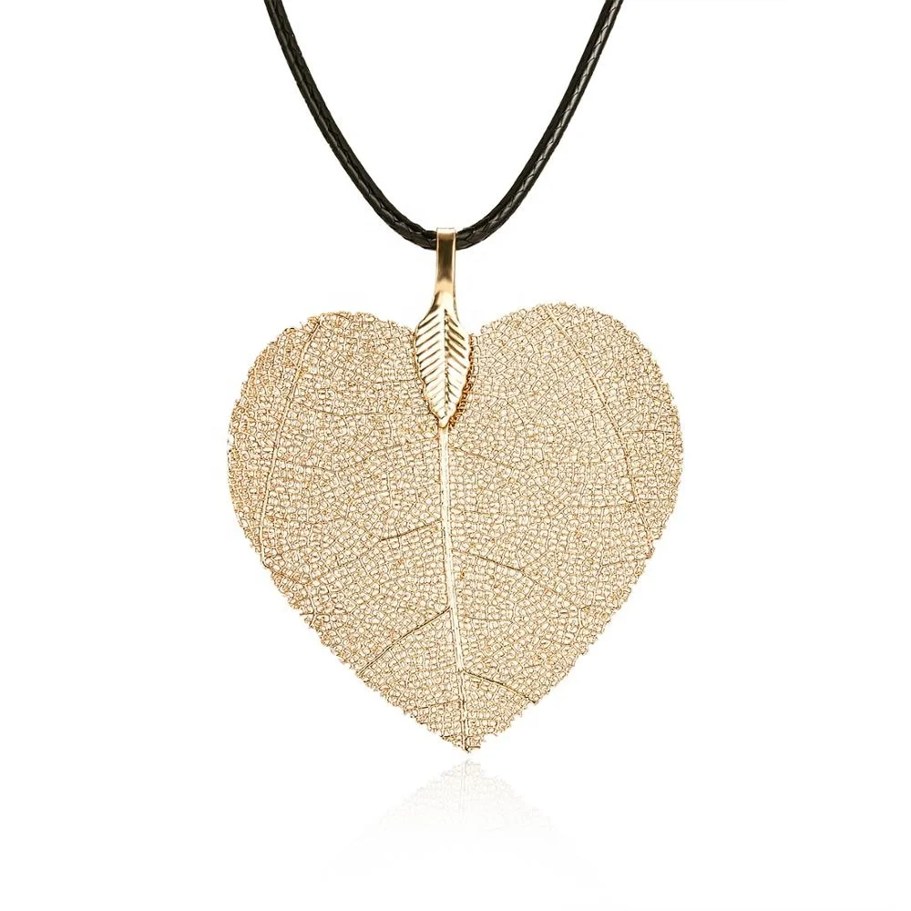 

Rinhoo Gold Silver Rose Gold Plated Women Heart Shaped Natural Leaf Pendant Necklace Jewelry