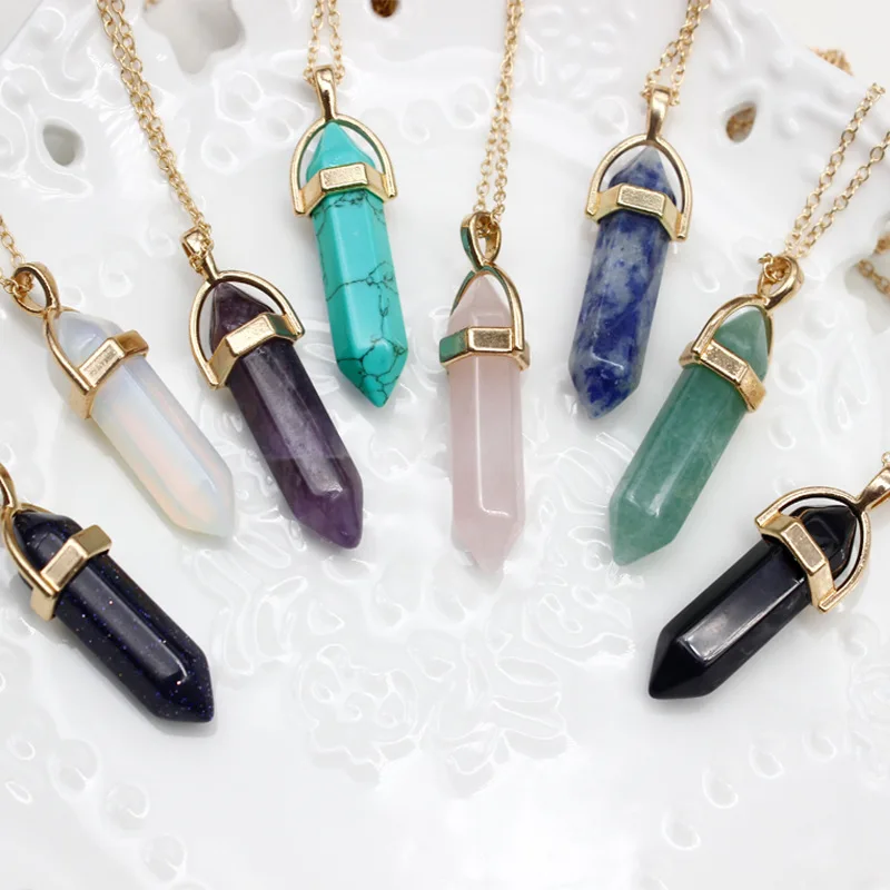 

Hot sale Hexagonal Column Quartz Necklaces Pendants Vintage Natural Stone Bullet Crystal Necklace For Women Jewelry