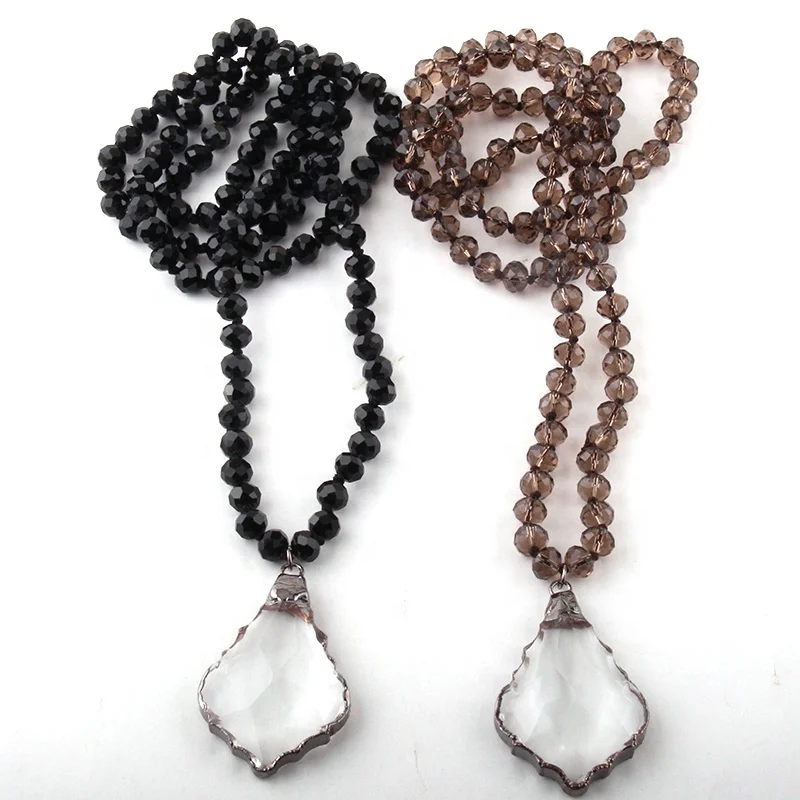 

Fashion Ethnic Crystal Glass Long Knotted Necklace Crystal Drop Necklace