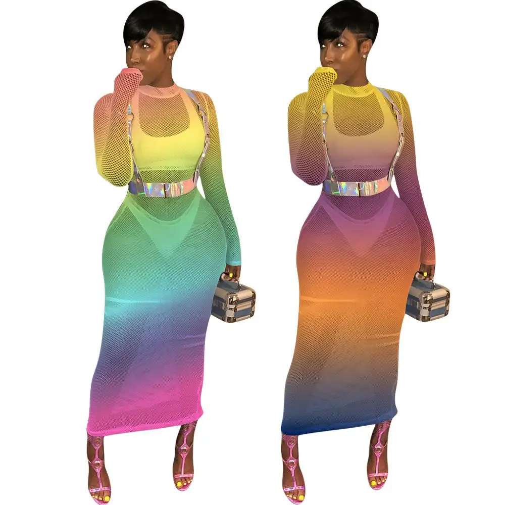

Sexy semi-transparent gradient print mesh women hollow out midi dresses 3710, N/a