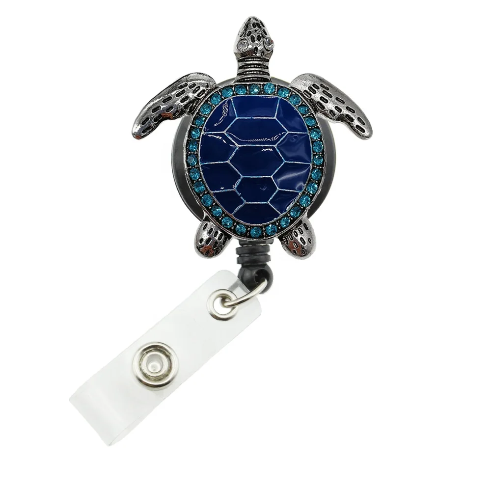 

Rhinestone Crystal Animal Shape Blue Enamel Sea Turtle Retractable Name Card ID Badge Holder Reel, Red and blue