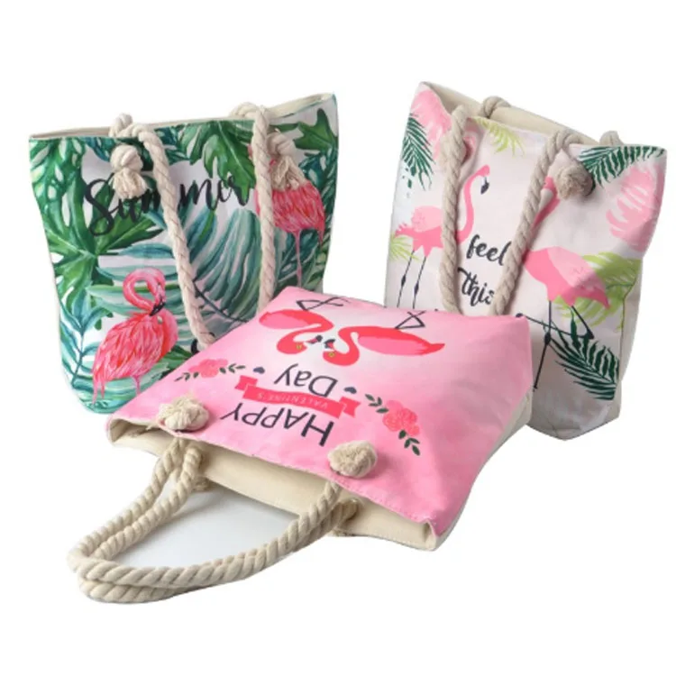 

Popular lady hand bag large capacity flamingo canvas beach bag women handbag with cotton rope