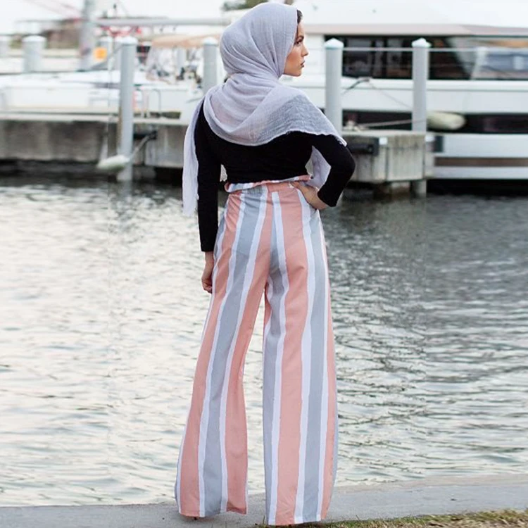 

Muslim Cool Wide Leg Ankle-length Pants Women Palazzo Trousers With Bowknot Islamic Ladies Office Pants, Blue /black