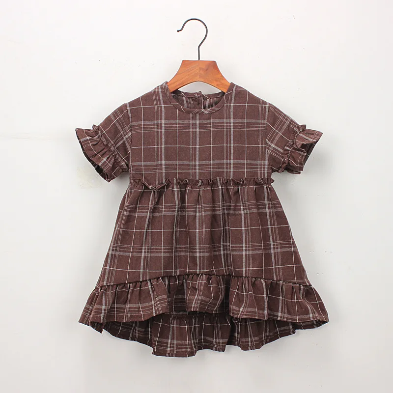 

Ivy10178A Kids girls vintage design frocks short sleeve cute girls plaid dress, White;coffee