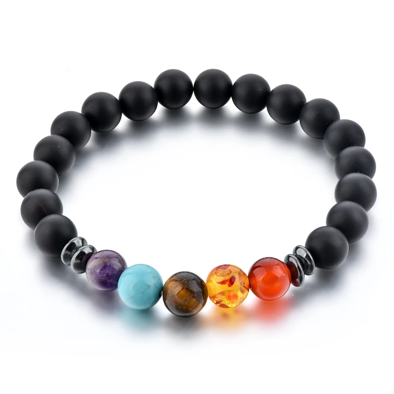 

Hot selling 8mm matte black agate and five color beads chakra yoga elastic bracelet for women