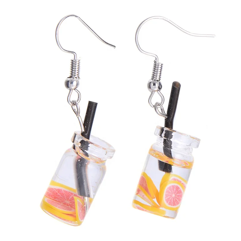 

Fashion Candy Color Lovely Fruit Milk Tea Drink Charm Bottle Resin Drop Earrings Yellow Lemon Cup Dangle Earring For Girls, Same with photos