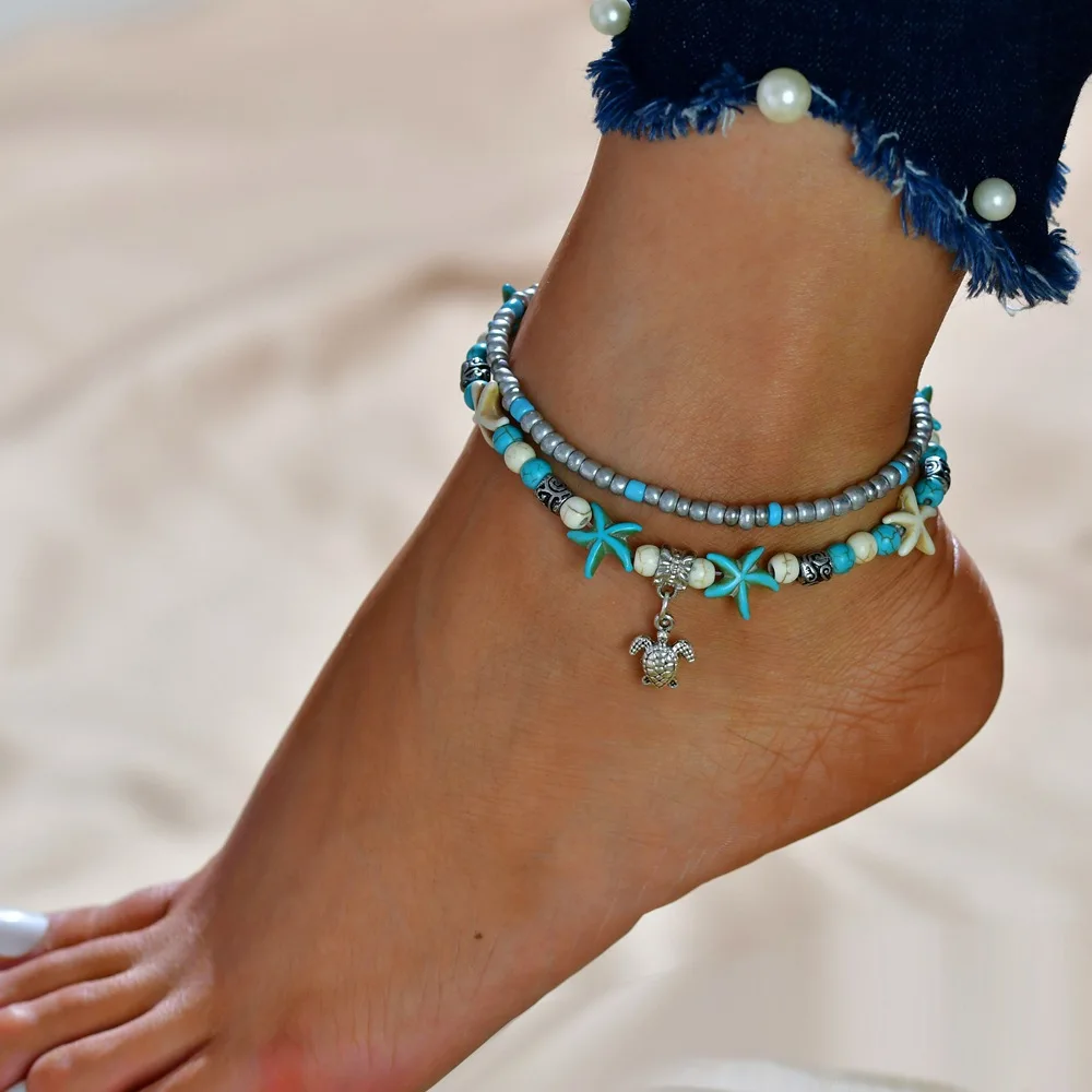 

Starfish Turtle Anklets Multiple Layered Boho Gold Chain Anklet Heart Beach Turquoise Stone Charm Anklet For Women Foot Jewelry, As the picturs