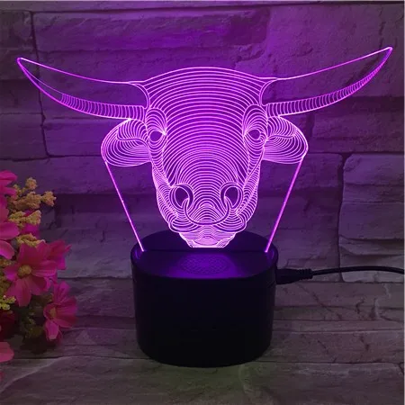 TF card Bull OX Cow shape 3d led wireless speaker table lamps USB cable 3D illusion night light 3D optical lamp for home decor