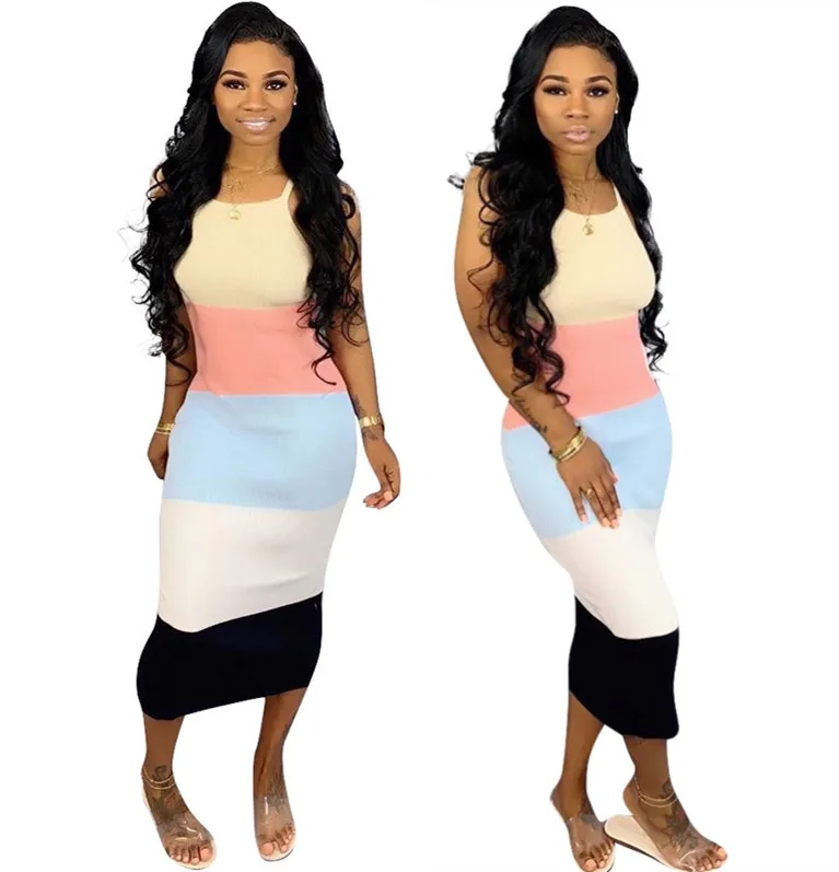 

M1117 Sleeveless Color Block Designs Long Midi Dresses For Women