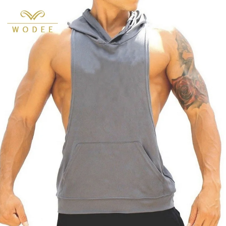 

Custom logo 85% cotton men sports fitness gym tank top with hooded, 3 colors