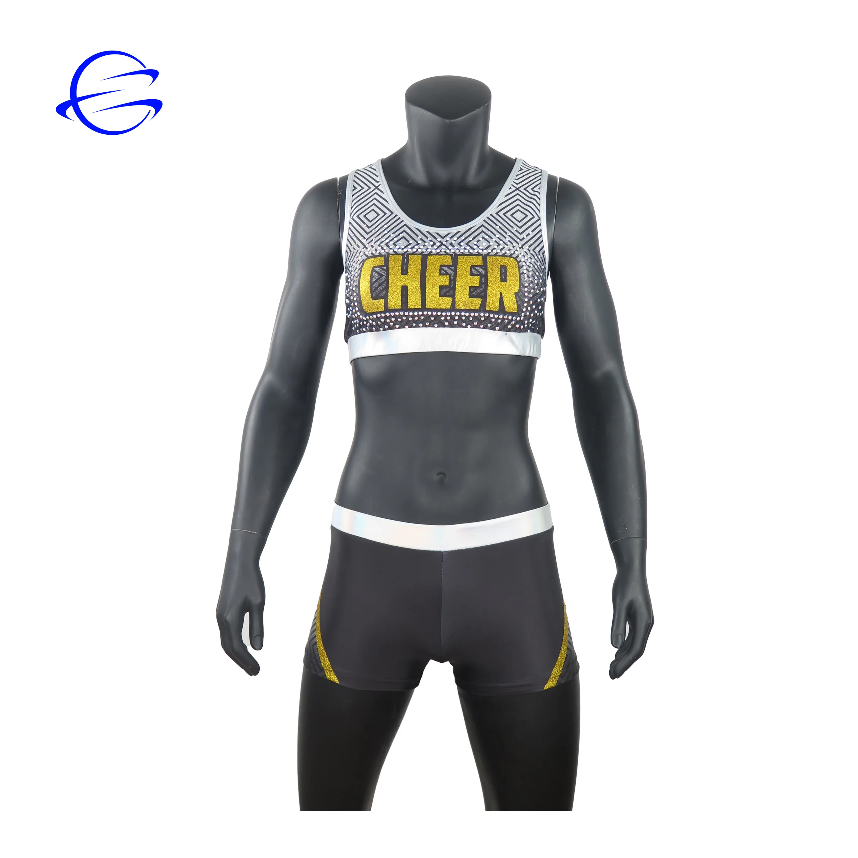 

Latest Design Custom Sportswear Sublimation Rhinestones Cheerleading Midriff Sexy Shorts Set Cheer Dance Wear, As picture or customized